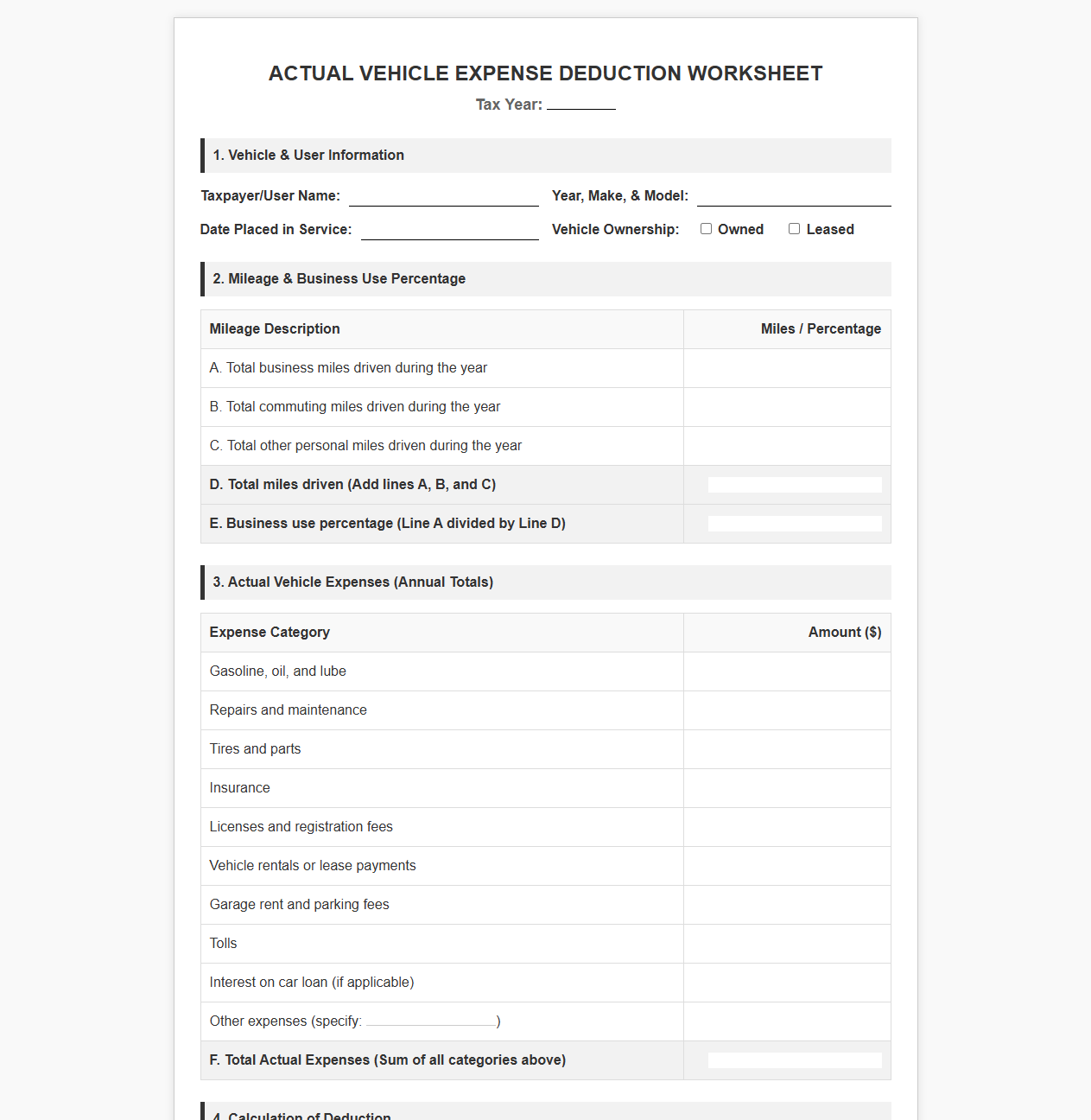 Actual Car Expense Deduction Worksheet