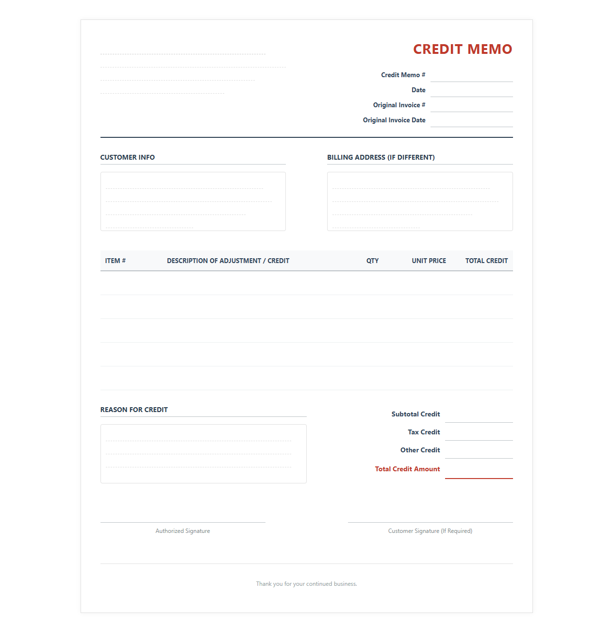 Adjustment Invoice for Credit Memorandum