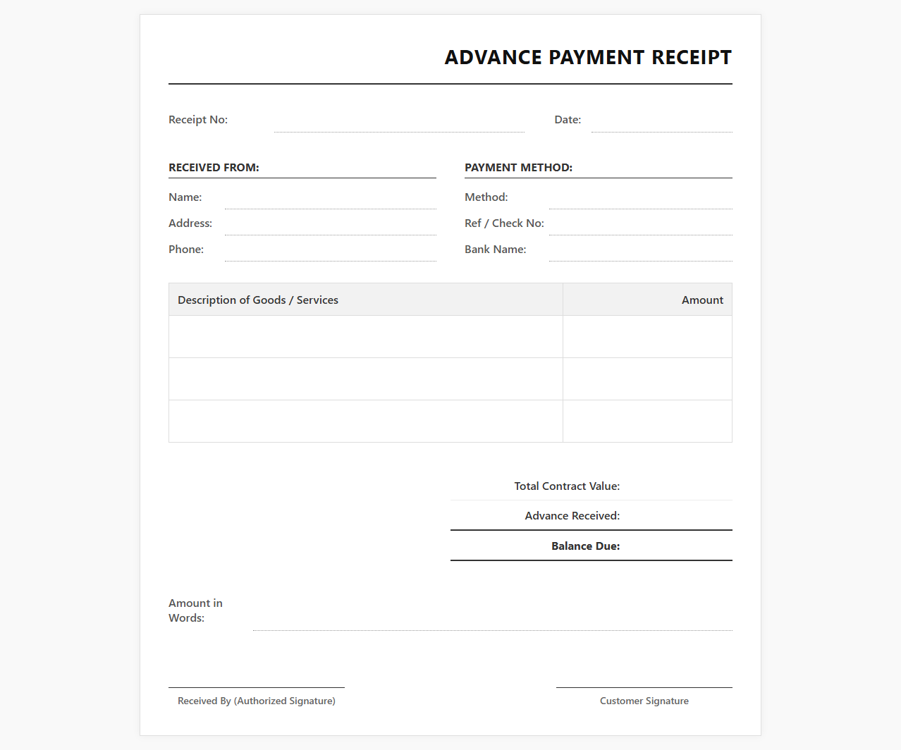Advance Payment Receipt Template