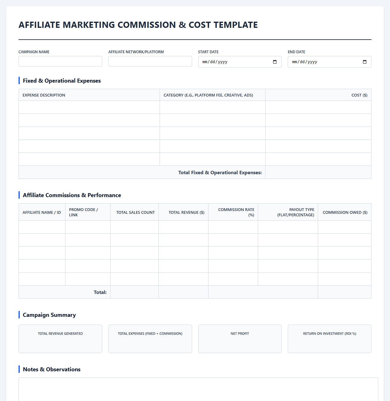 Affiliate Marketing Commission and Cost Template