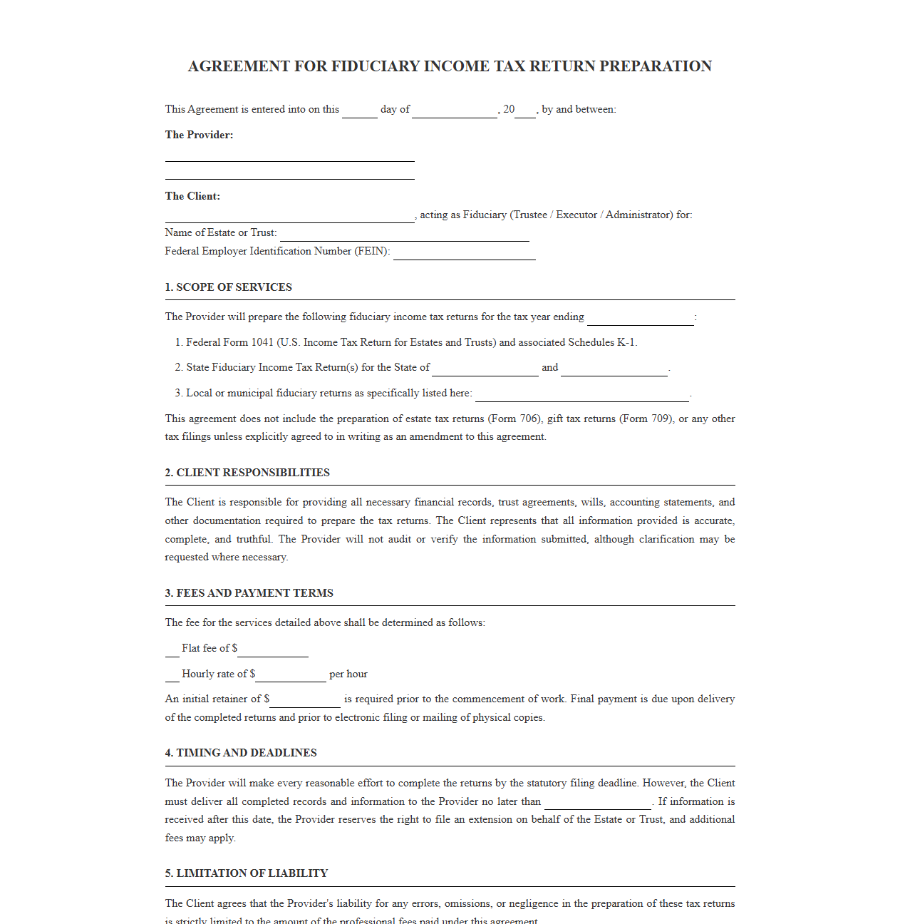 Agreement for Fiduciary Income Tax Return Preparation