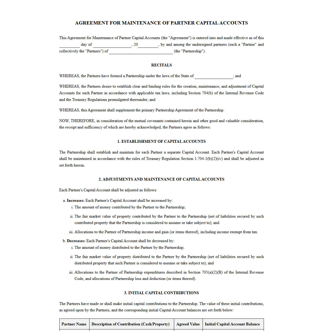 Agreement for Maintaining Partnership Capital Accounts