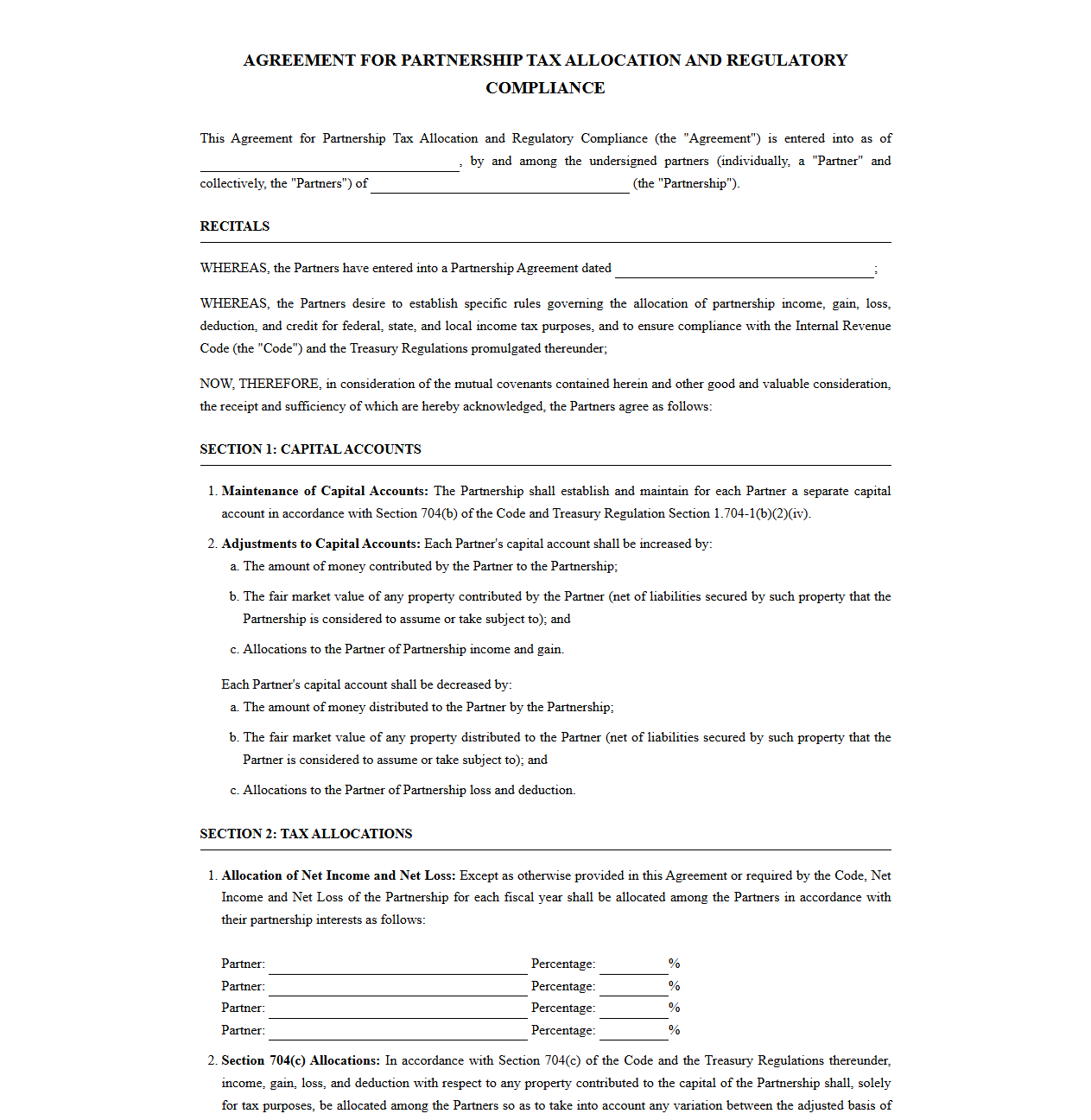 Agreement for Partnership Tax Allocation and Regulatory Compliance