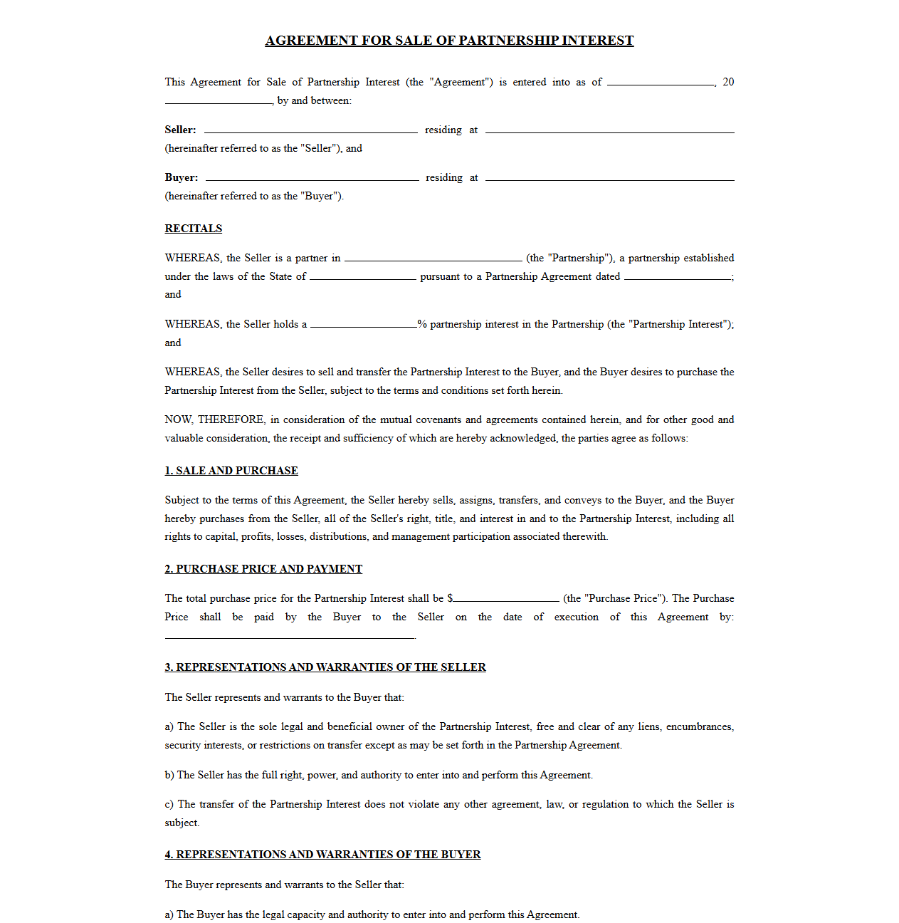 Agreement for Sale of Partnership Interest