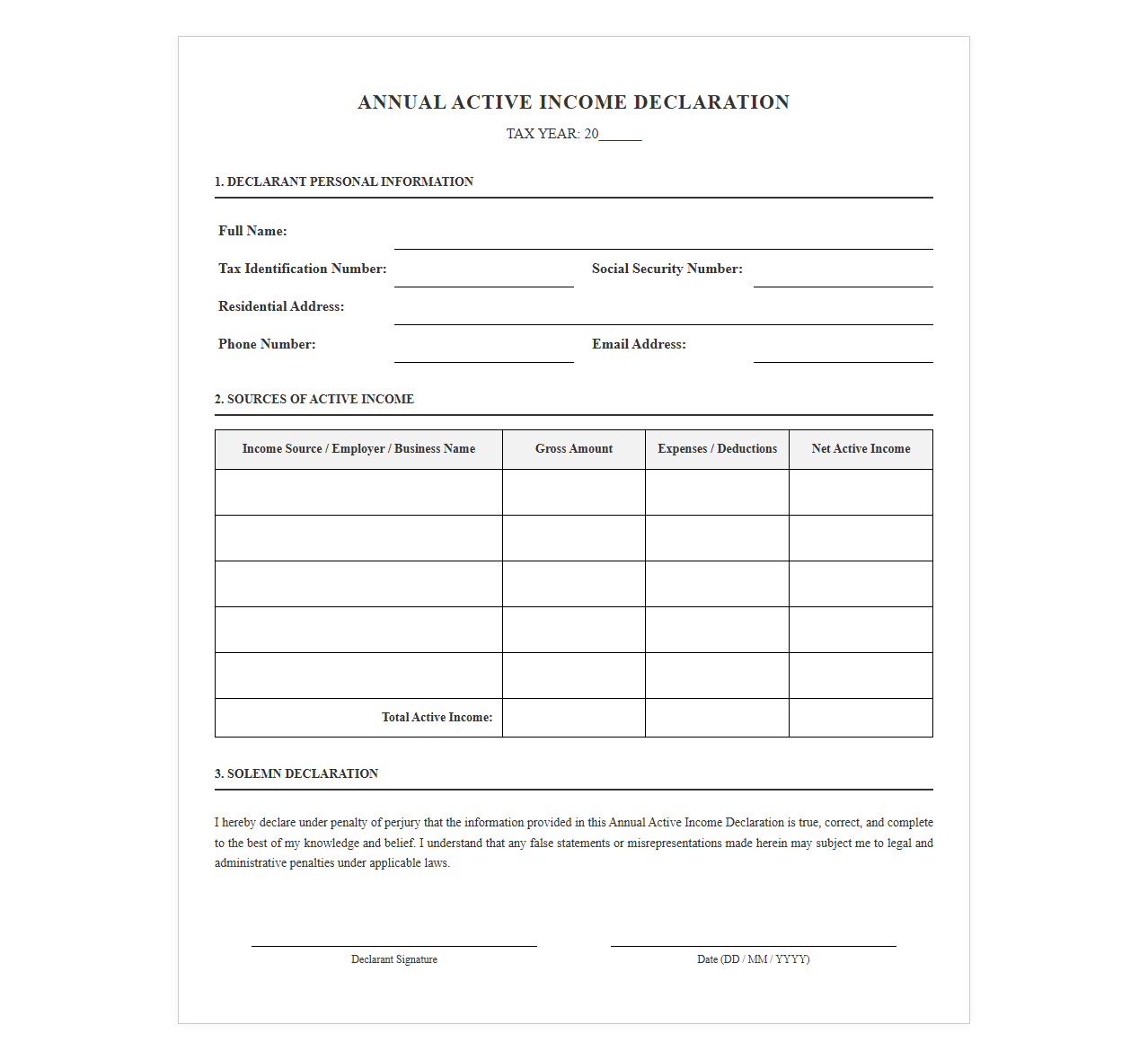 Annual Active Income Declaration Template