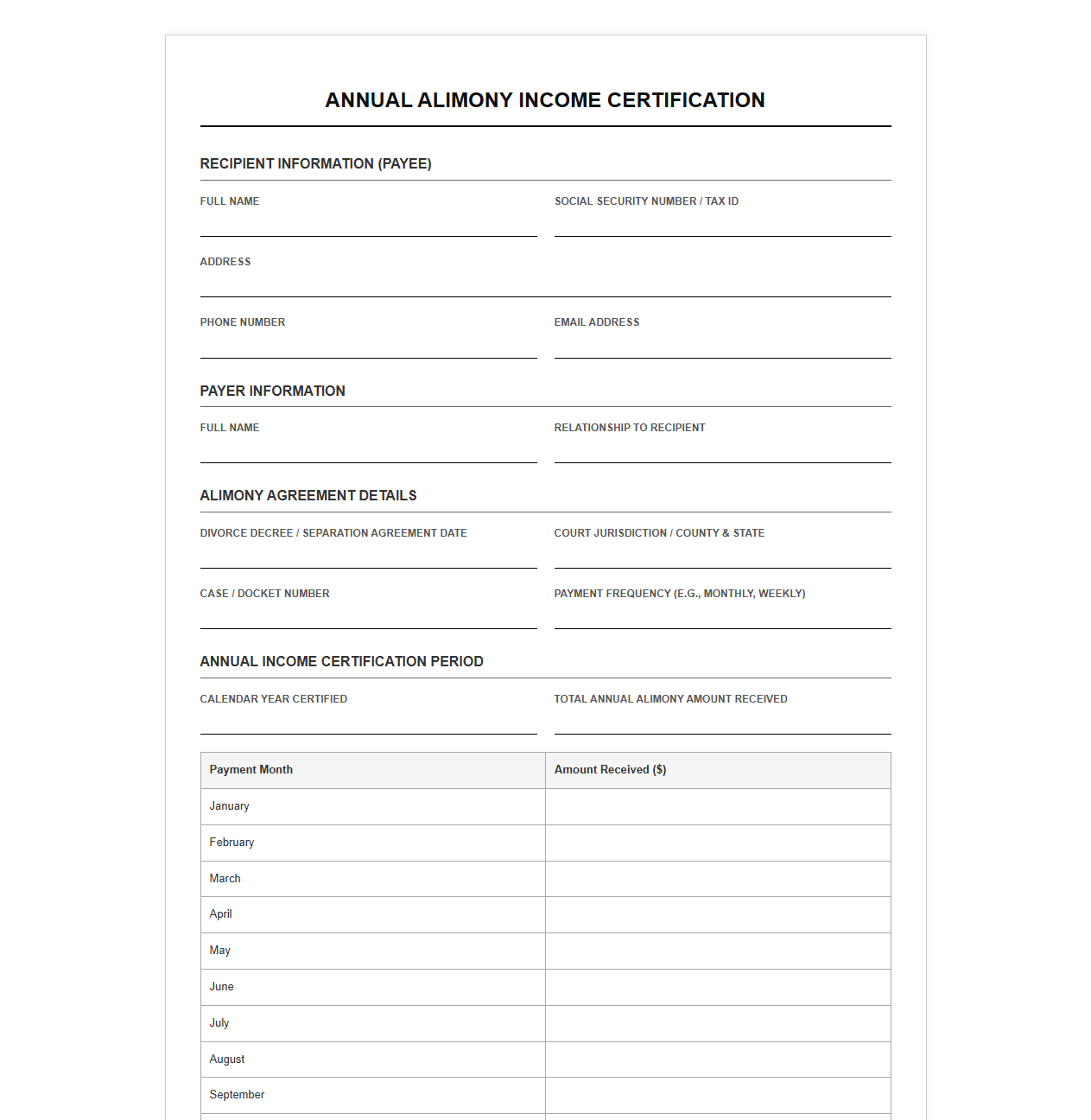 Annual Alimony Income Certification Template