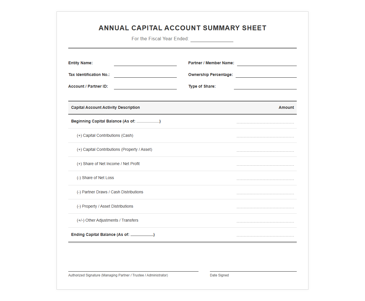 Annual Capital Account Summary Sheet