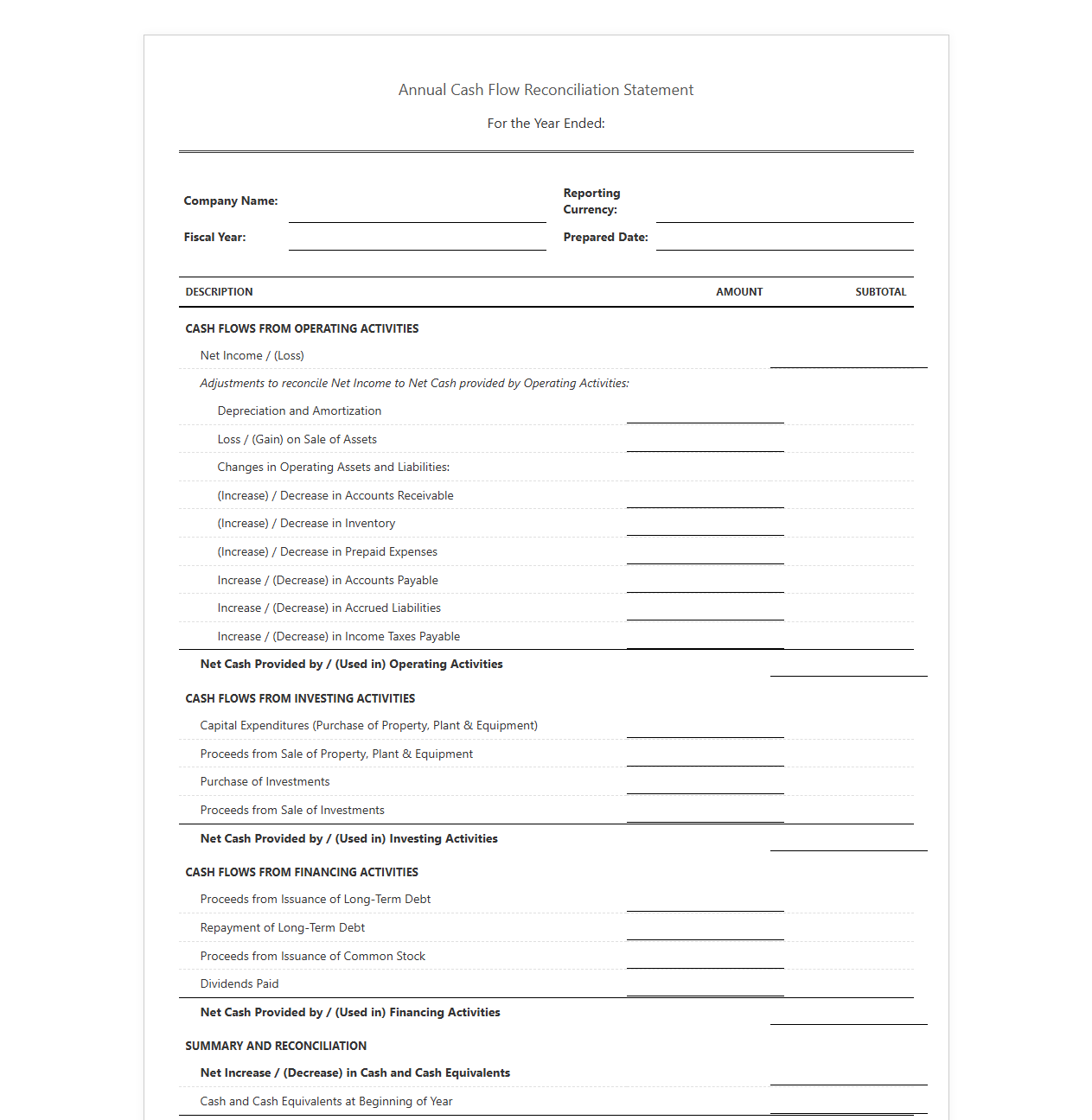 Annual Cash Flow Reconciliation Statement Template