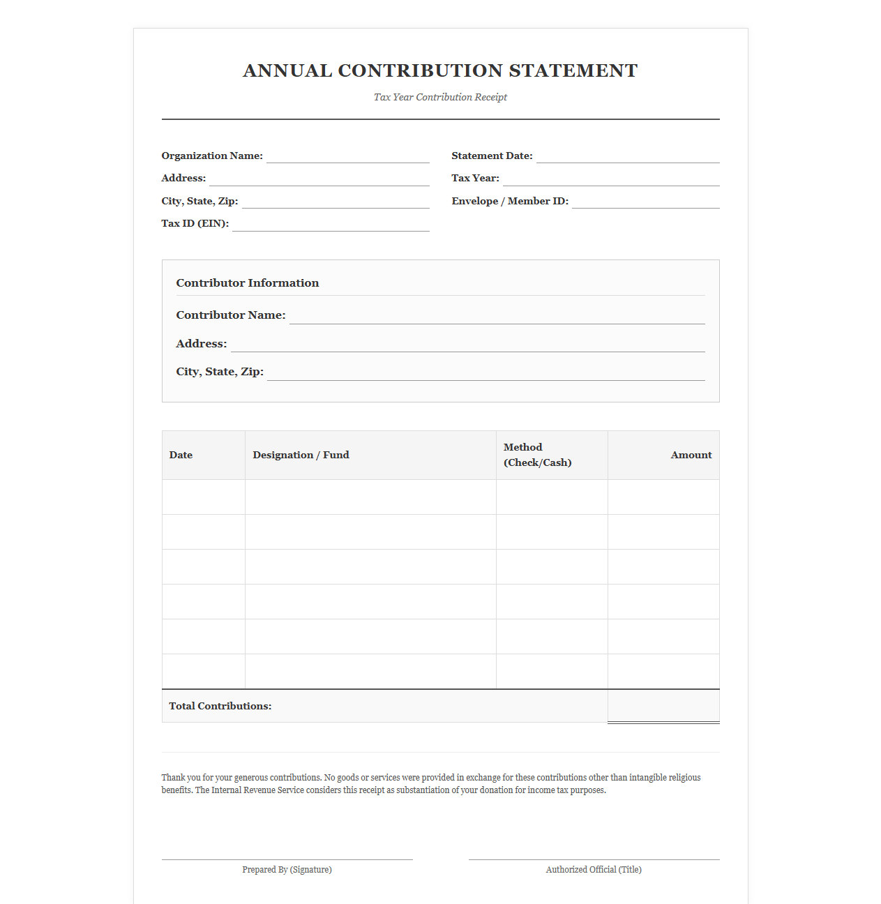 Annual Church Contribution Statement Template