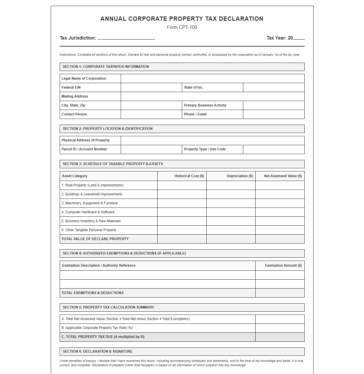 Annual Corporate Property Tax Declaration Template