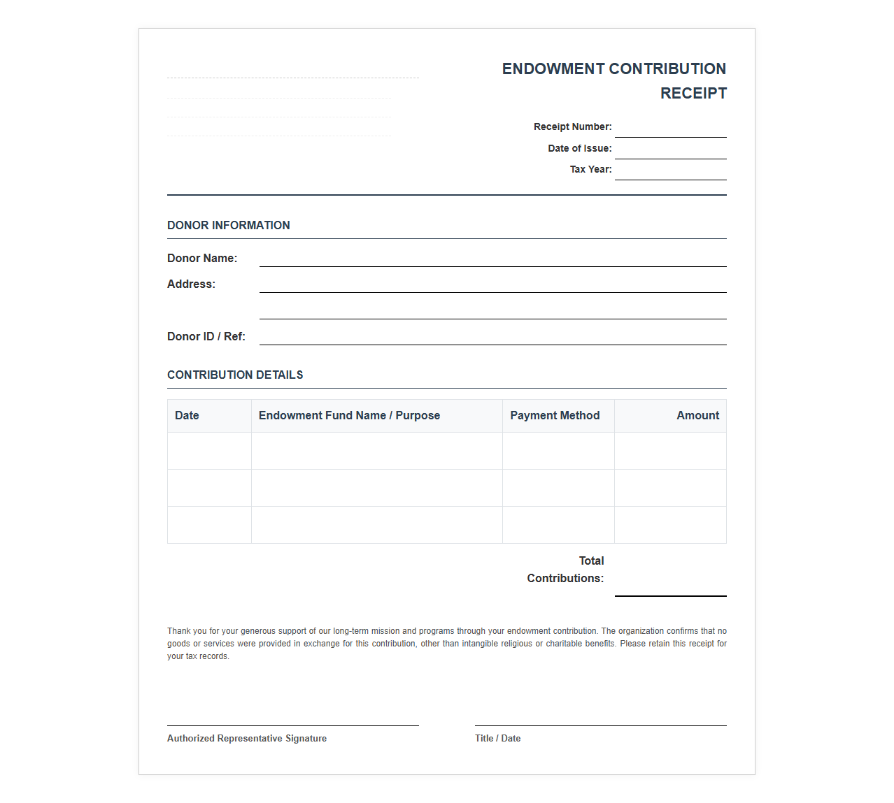 Annual Endowment Contribution Receipt Template