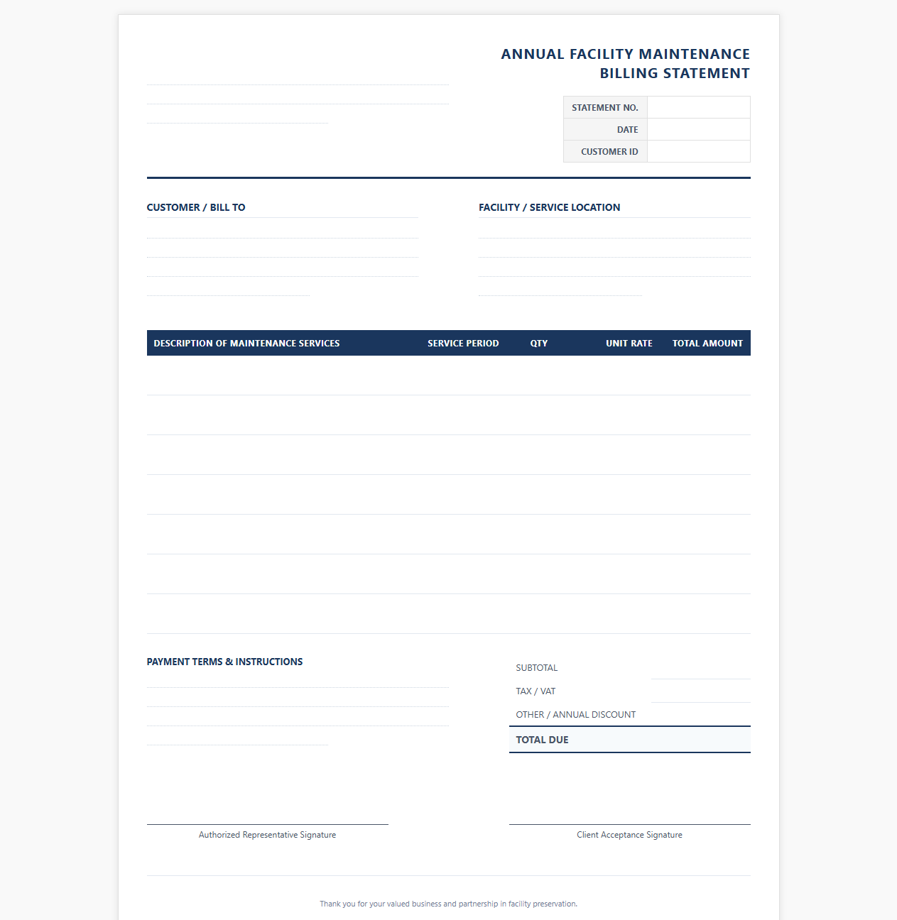 Annual Facility Maintenance Billing Statement