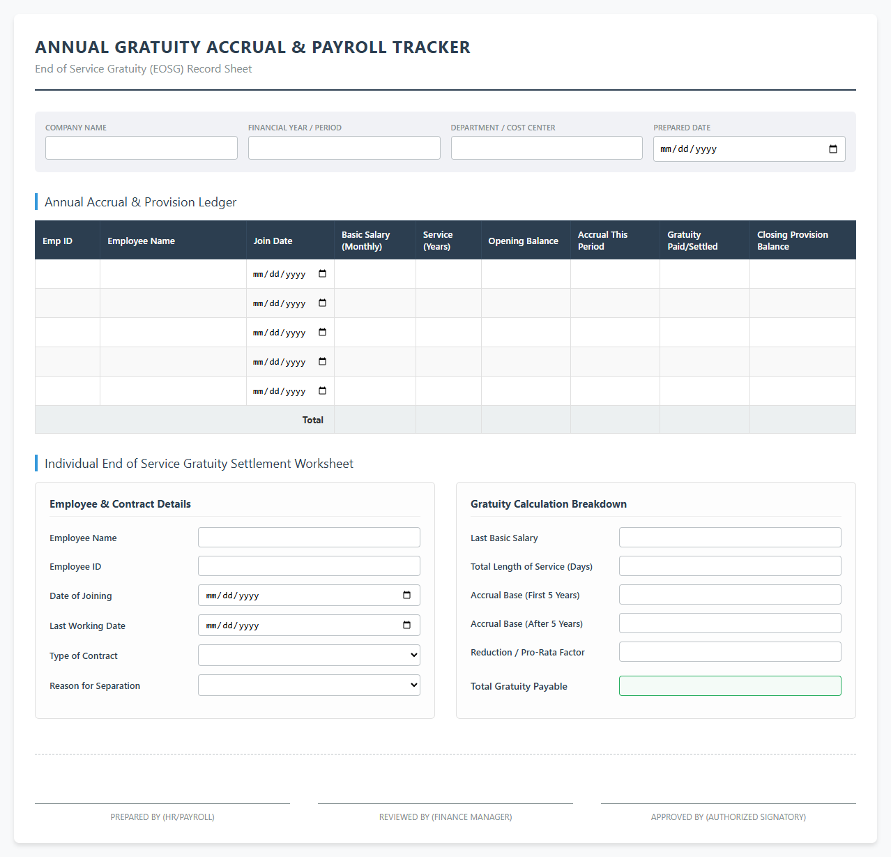 Annual Gratuity Accrual and Payroll Tracker