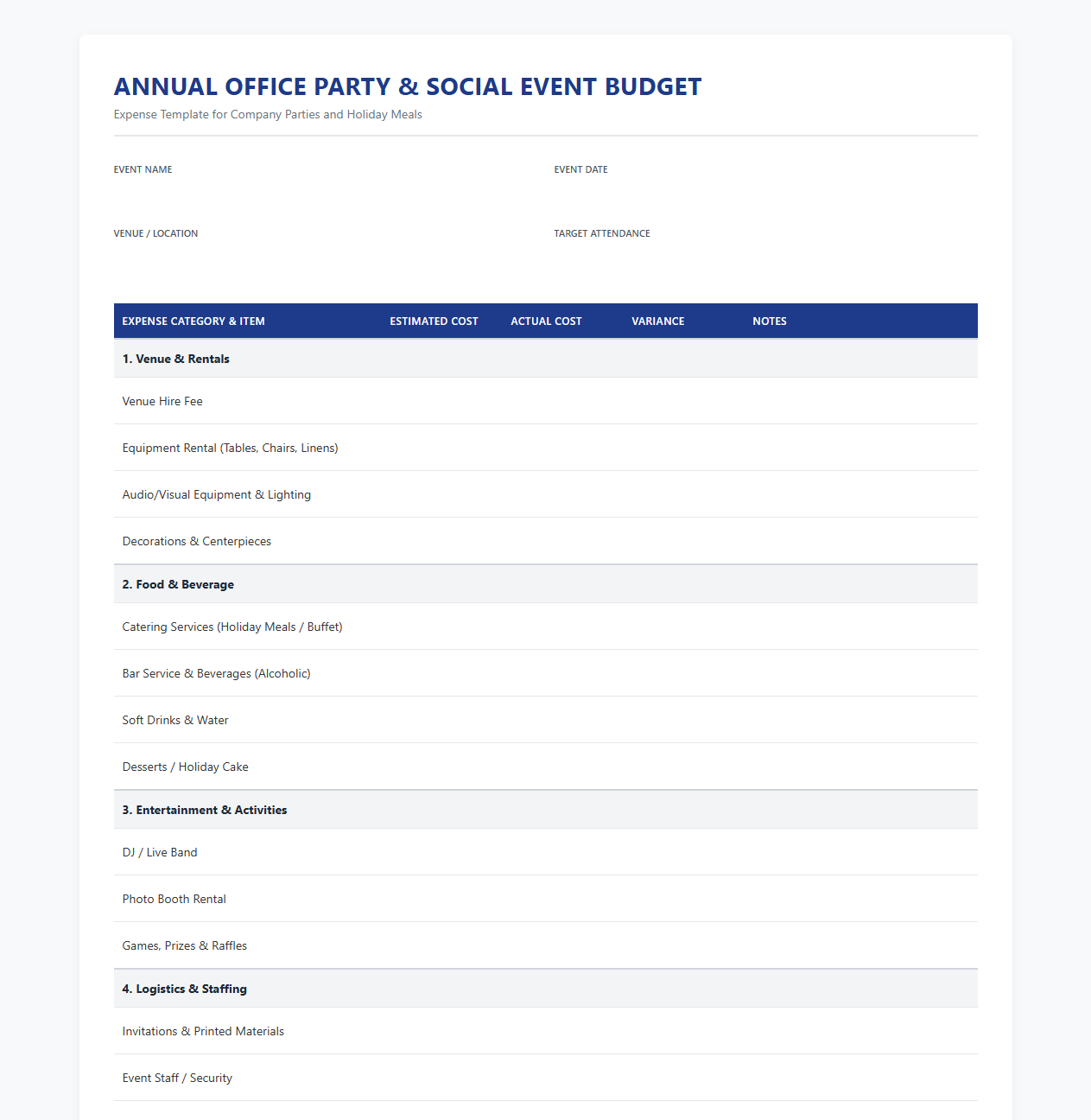 Annual Office Party and Social Event Budget Template