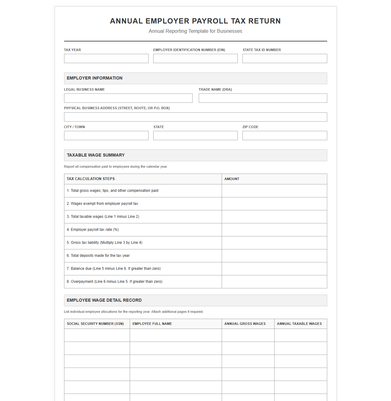 Annual Payroll Tax Reporting Template for Businesses