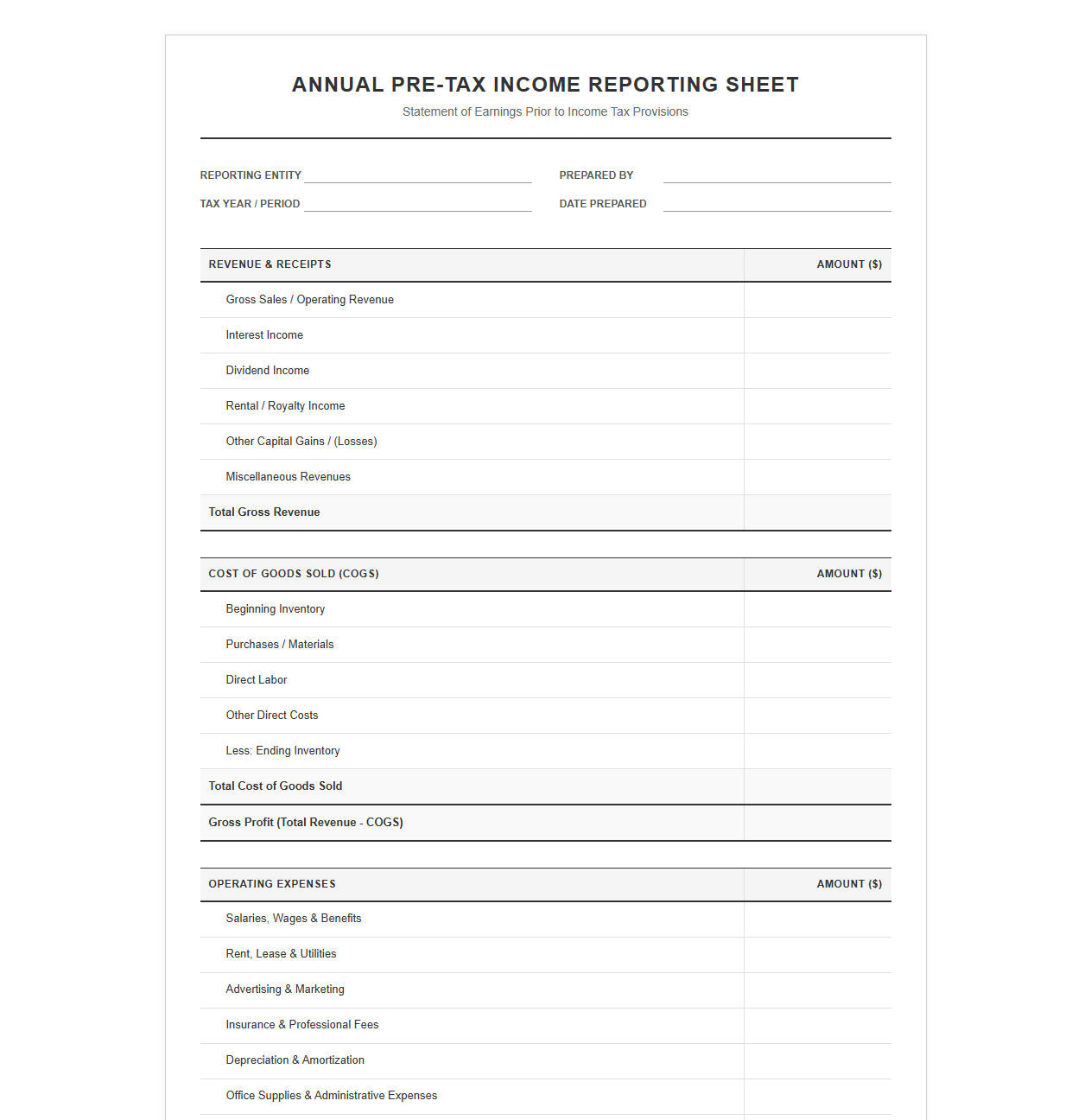 Annual Pre-Tax Income Reporting Sheet