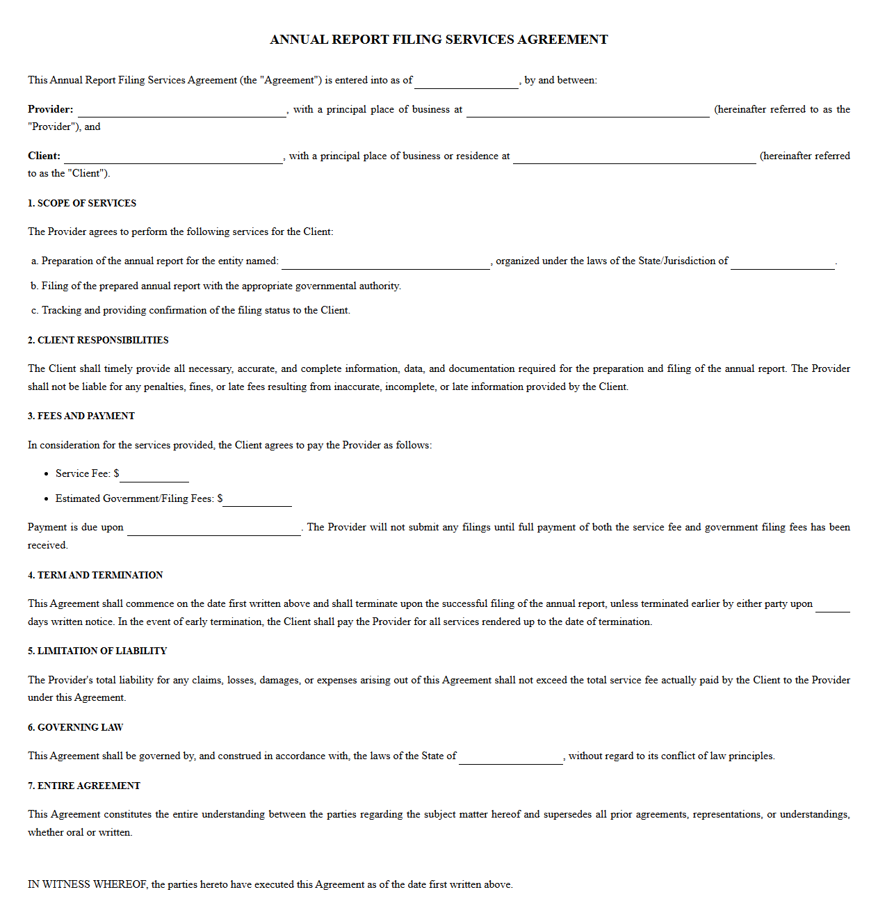 Annual Report Filing Services Agreement