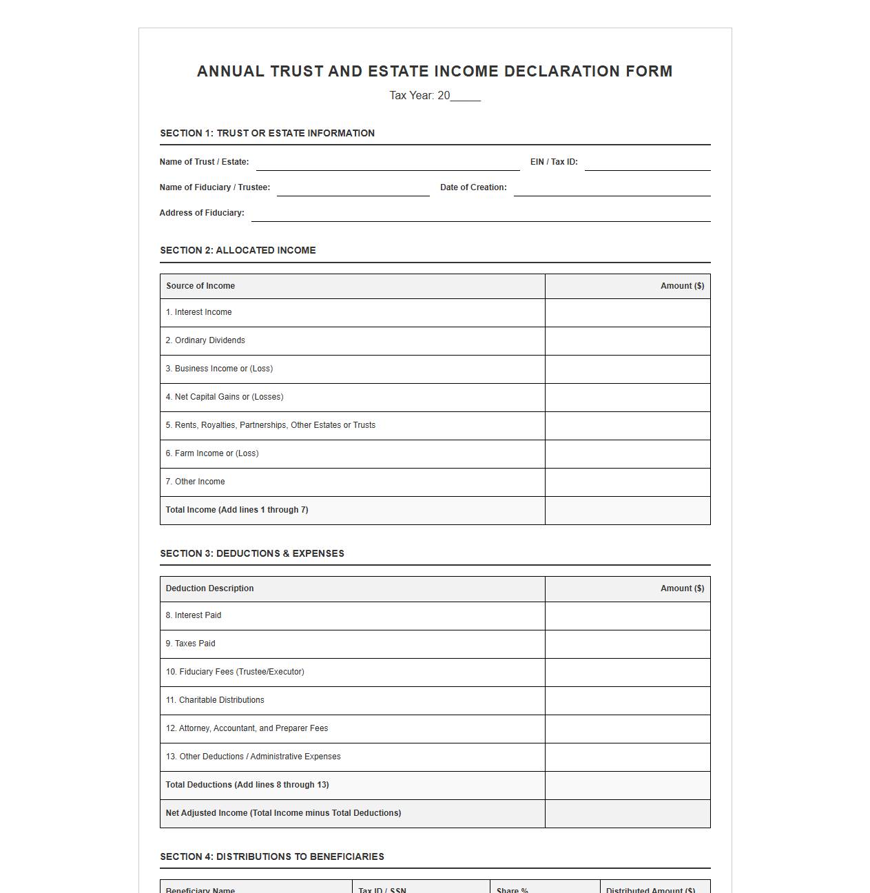 Annual Trust and Estate Income Declaration Form