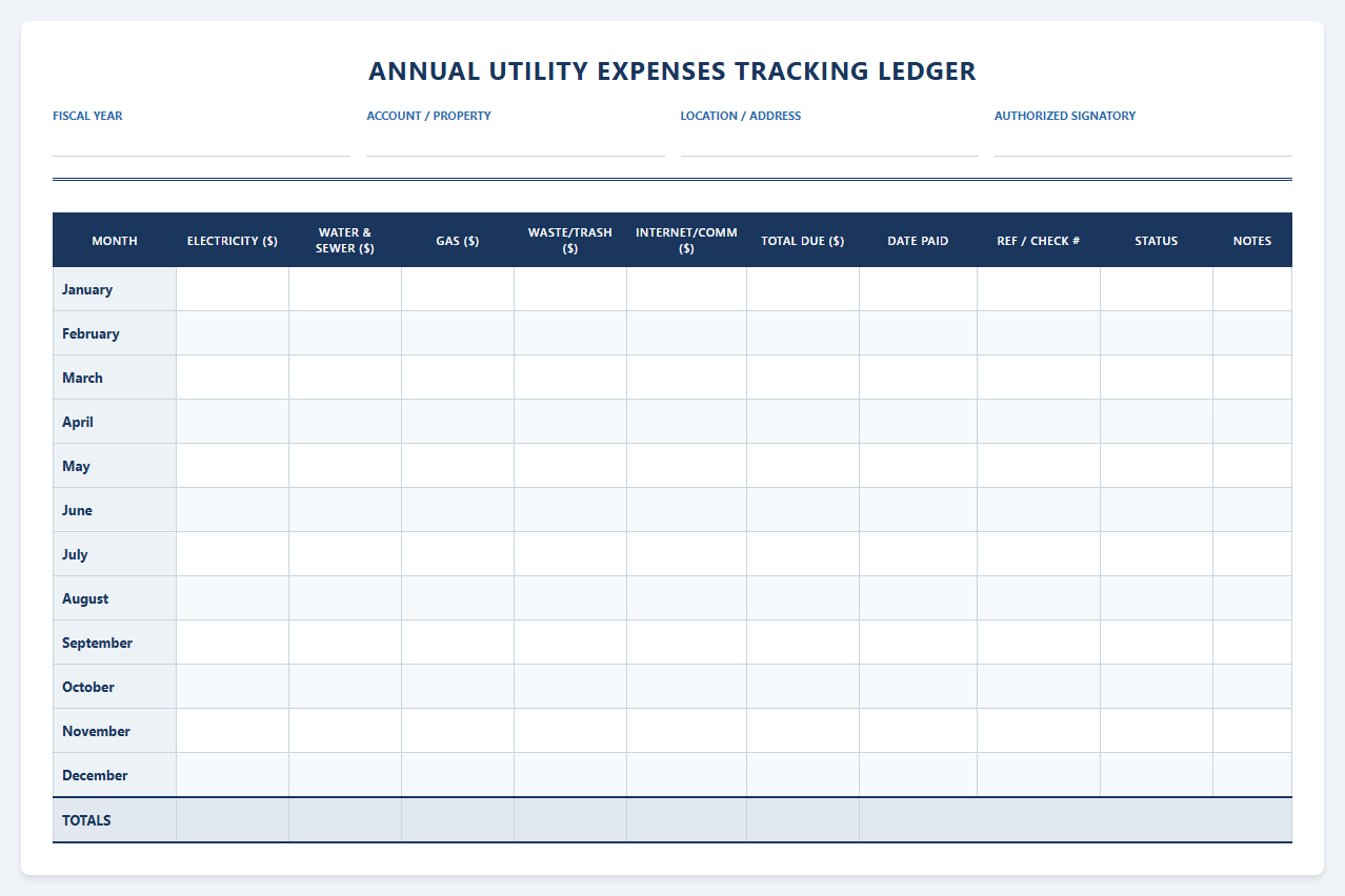 Annual Utility Expenses Tracking Ledger