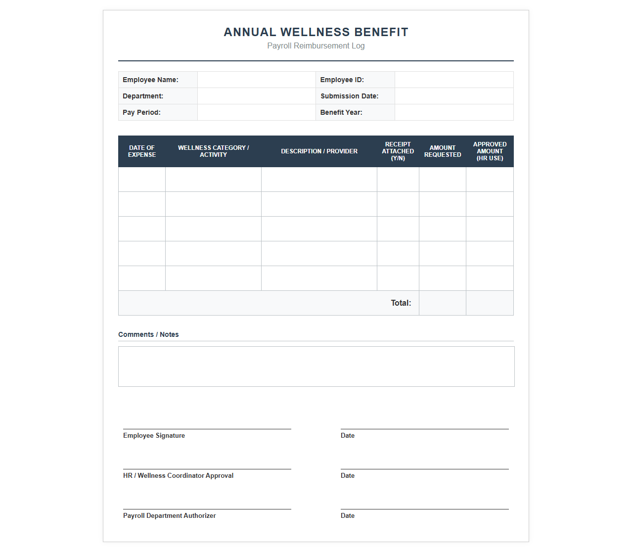 Annual Wellness Benefit Payroll Reimbursement Log