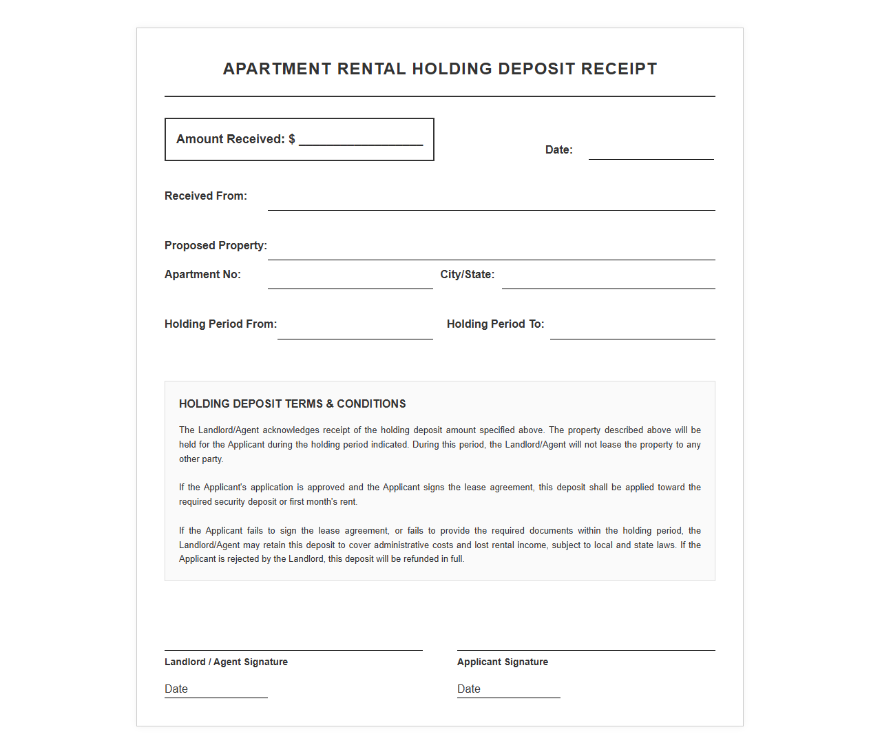 Apartment Rental Holding Deposit Receipt