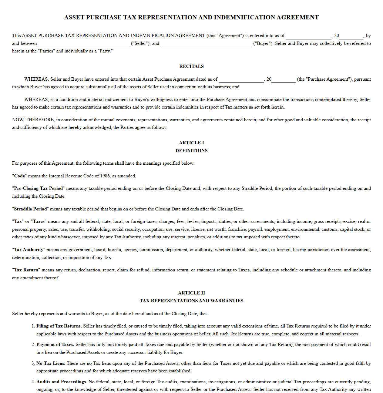Asset Purchase Tax Representation and Indemnification Agreement