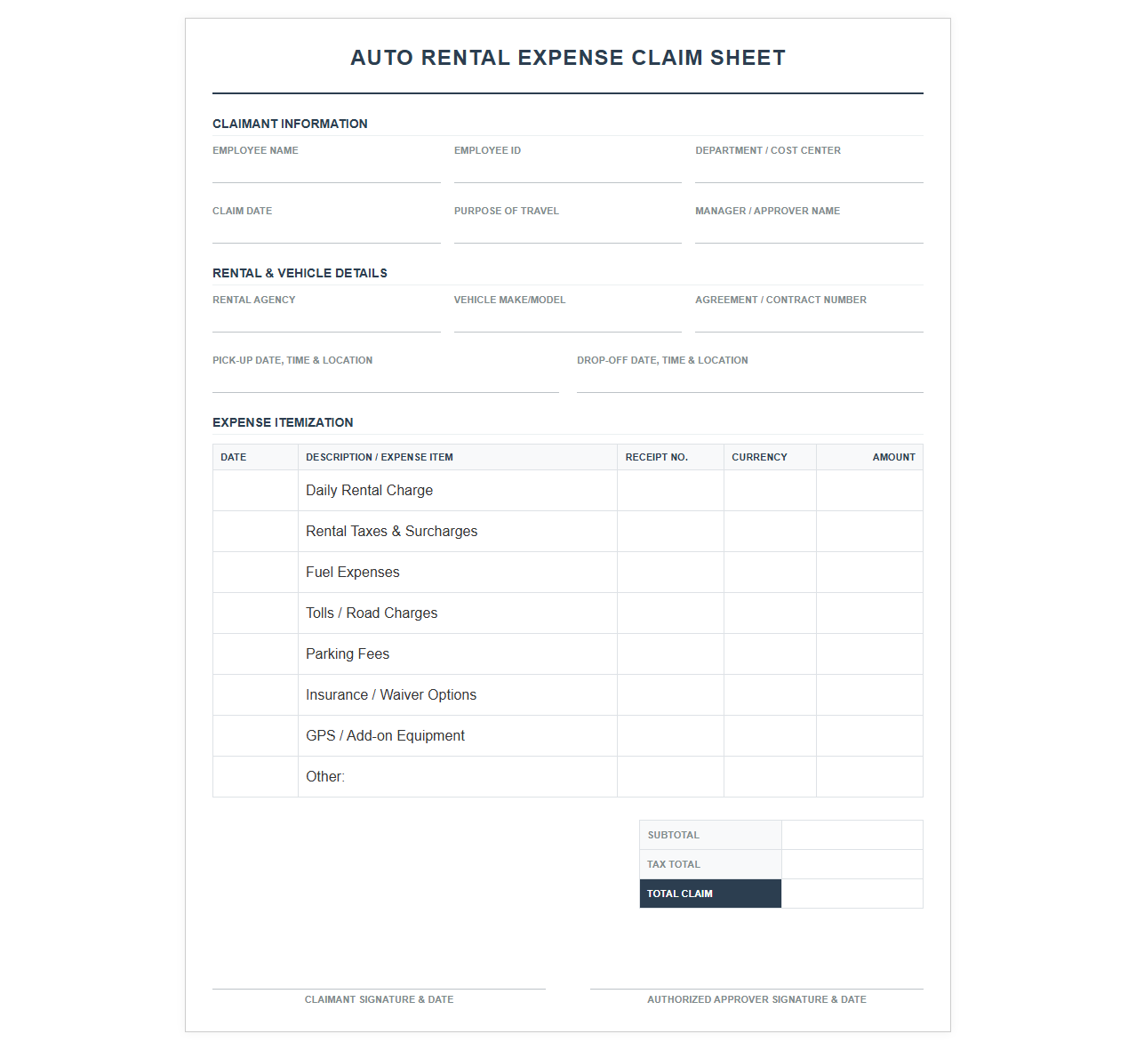 Auto Rental Expense Claim Sheet