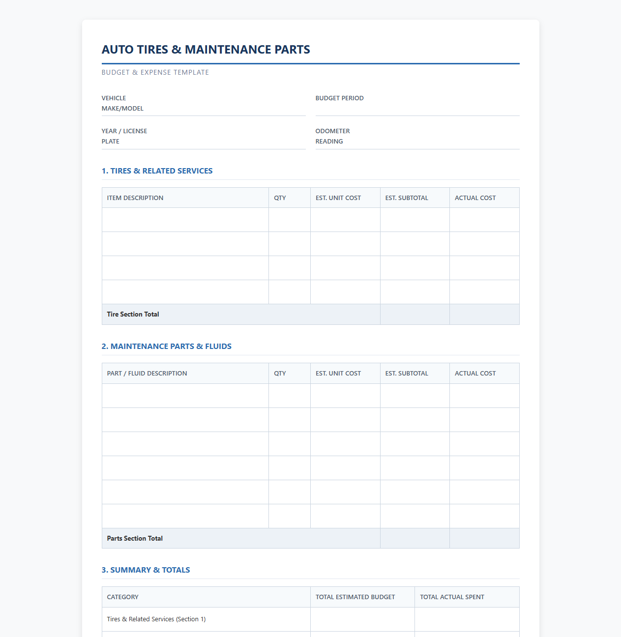 Auto Tires and Maintenance Parts Budget Template