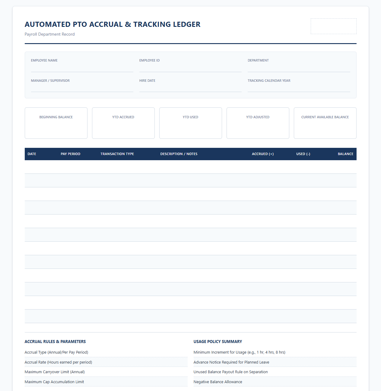 Automated Payroll PTO Accrual and Tracking Ledger