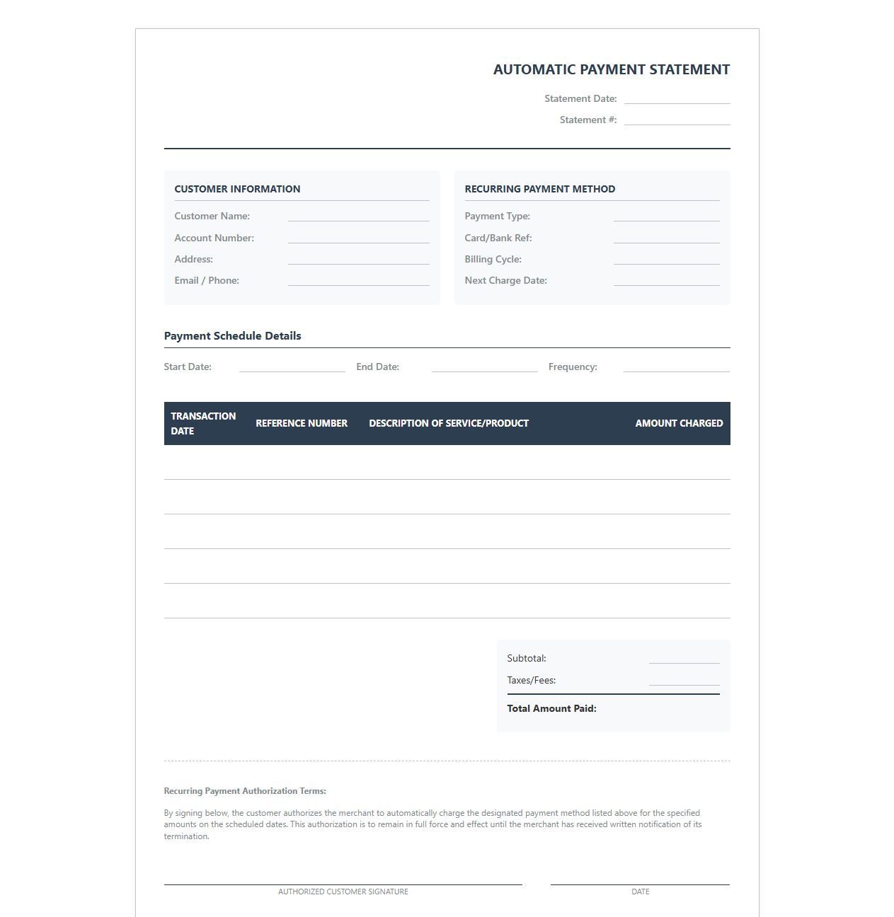Automatic Bill Payment Statement Template