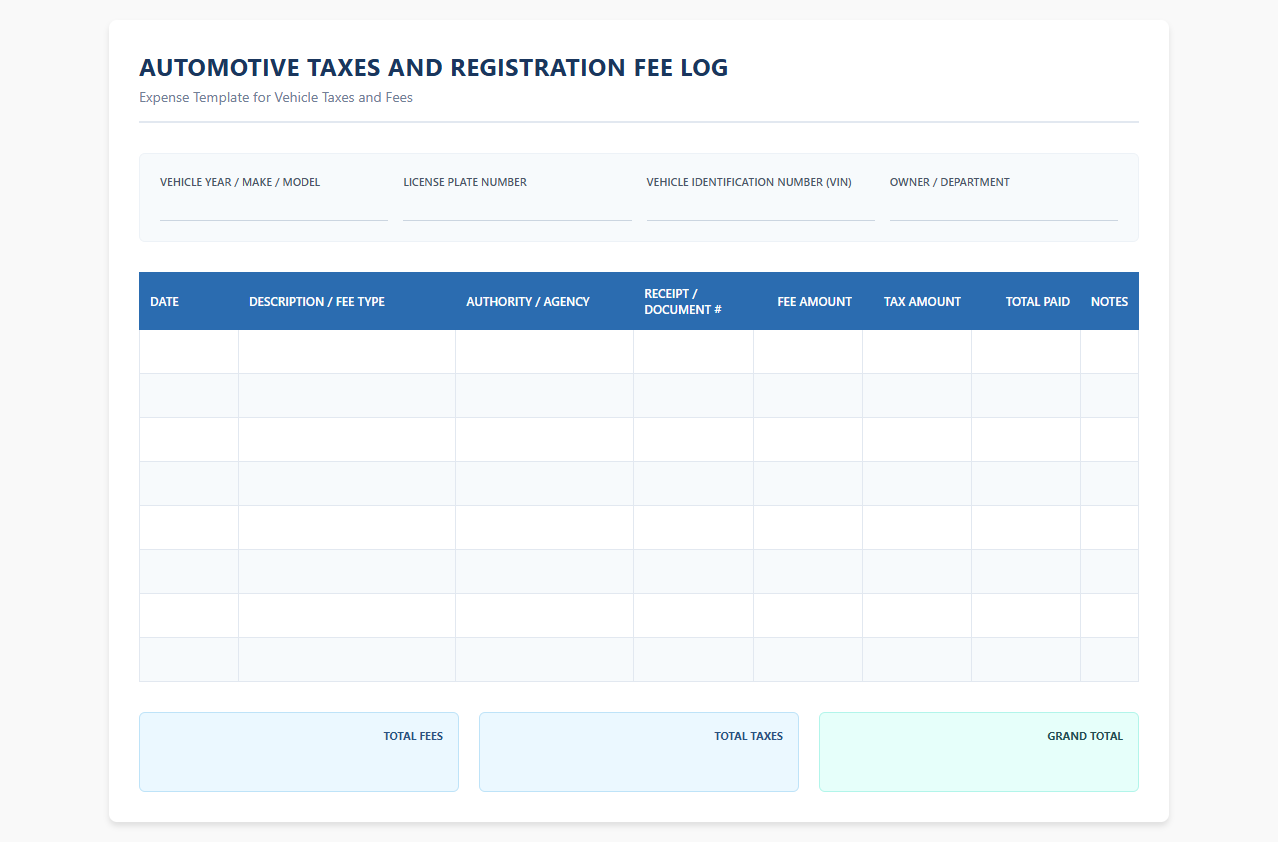 Automotive Taxes and Registration Fee Log