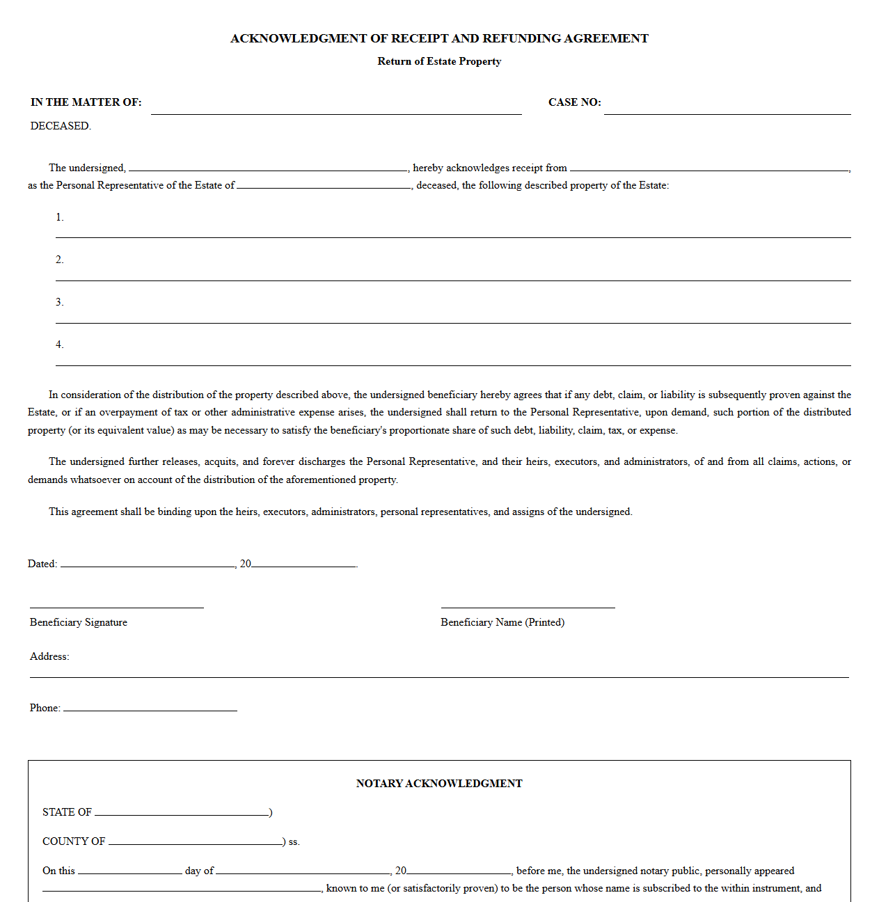 Beneficiary Acknowledgment and Return of Estate Property