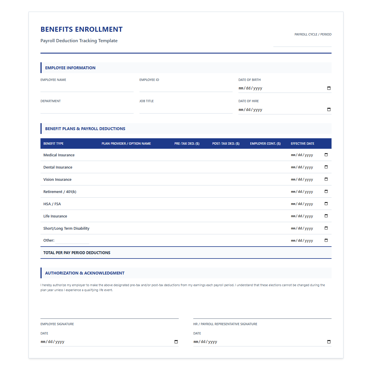 Benefits Enrollment and Payroll Deduction Tracking Template