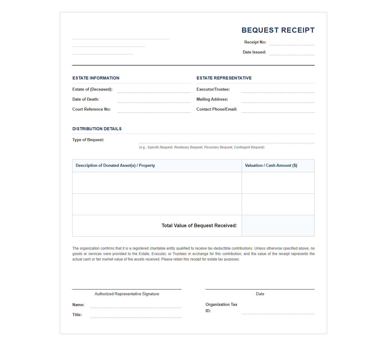 Bequest Donation Receipt Template