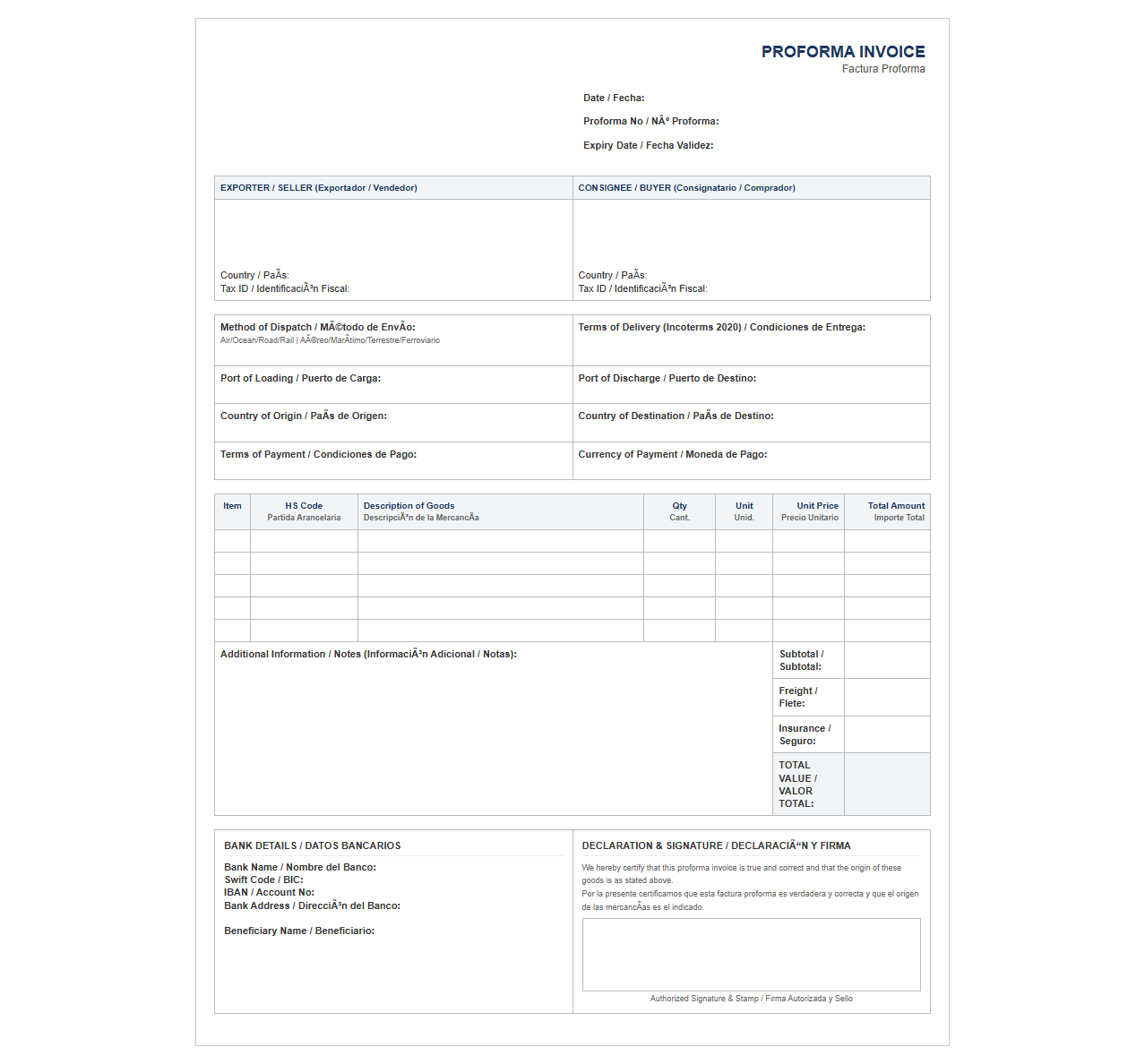 Bilingual International Trade Proforma Invoice Template