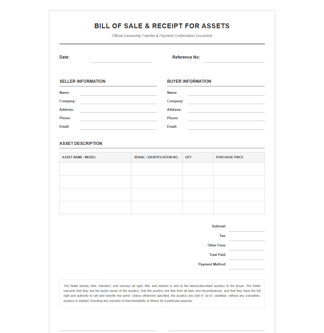 Bill of Sale and Receipt for Assets