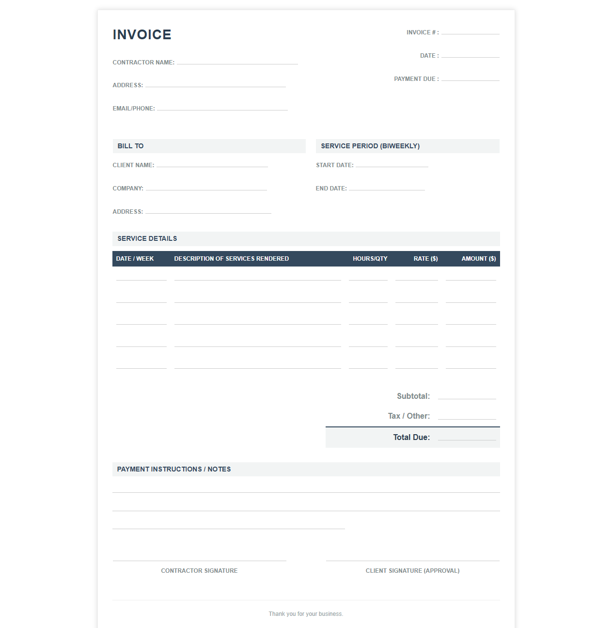Biweekly Contractor Service Invoice Document