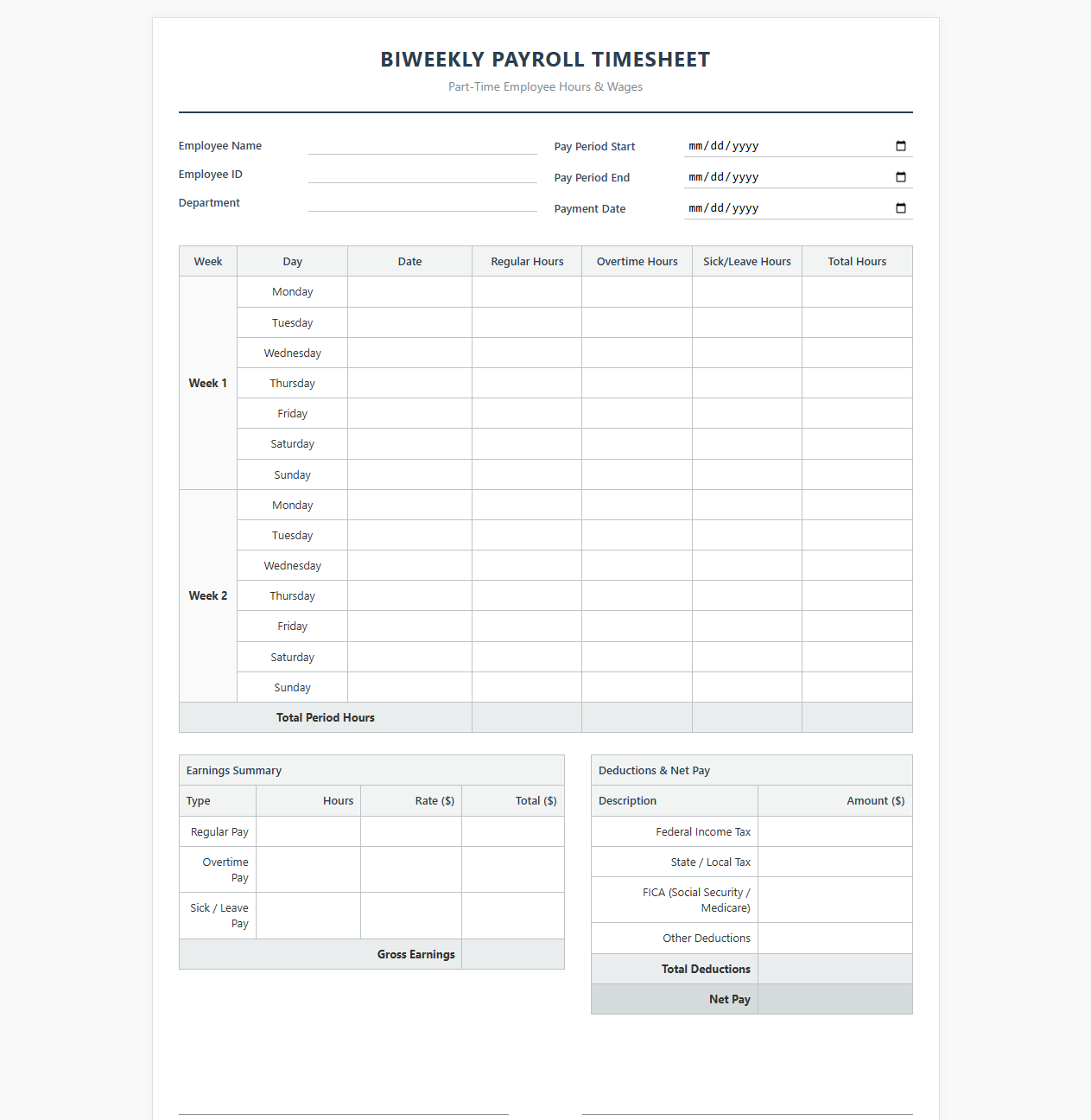 Biweekly Part-Time Hour and Wages Payroll Template
