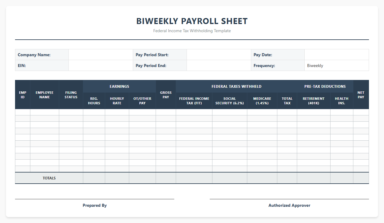 Biweekly Payroll Sheet with Federal Tax Withholding