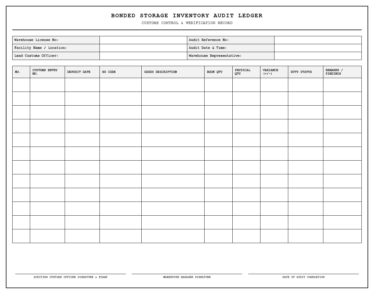 Bonded Storage Inventory Audit Ledger