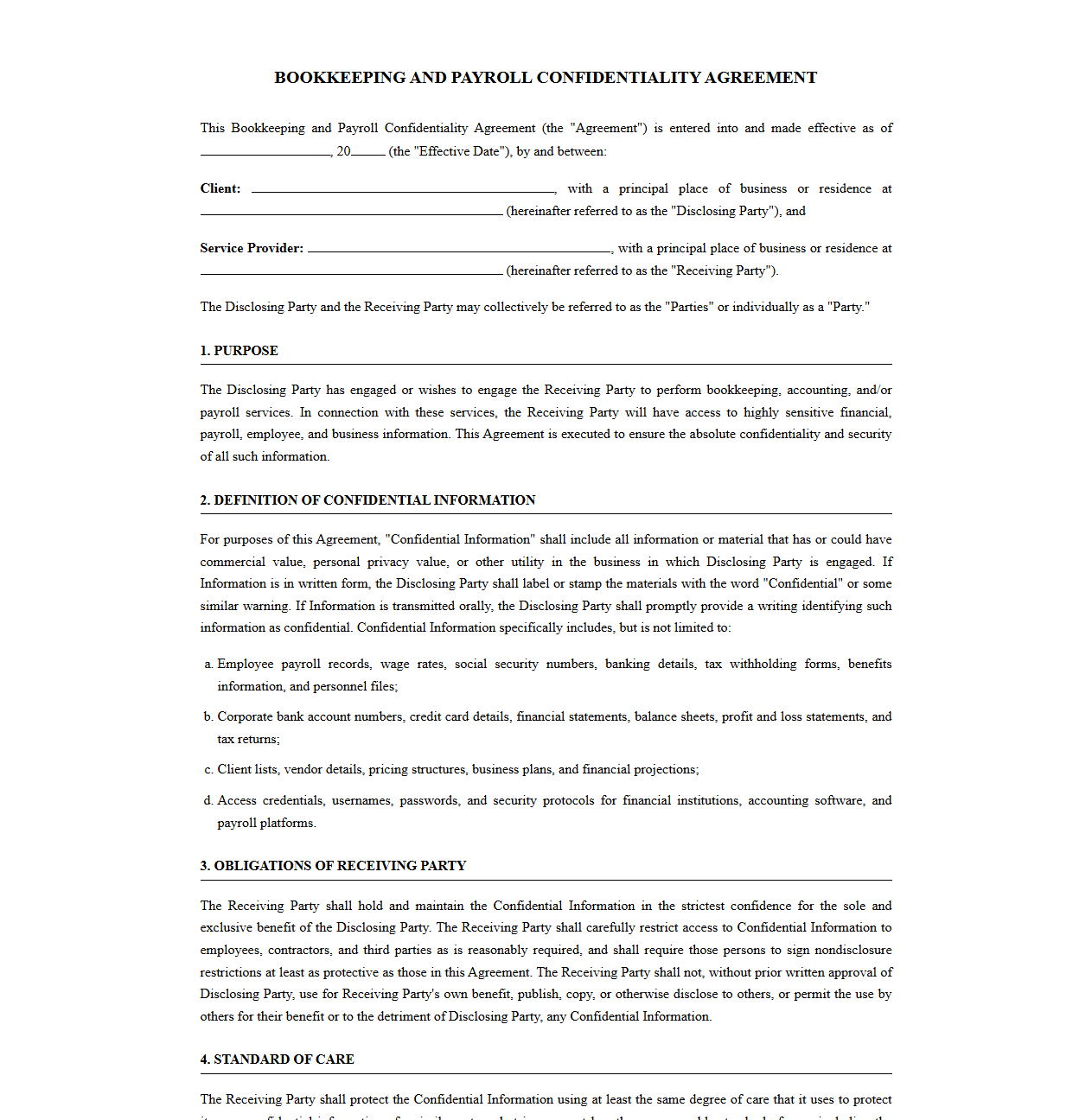Bookkeeping and Payroll Non-Disclosure Agreement