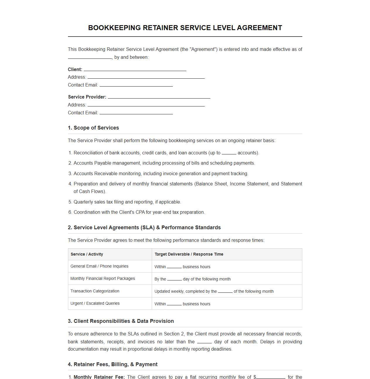 Bookkeeping Retainer Service Level Agreement