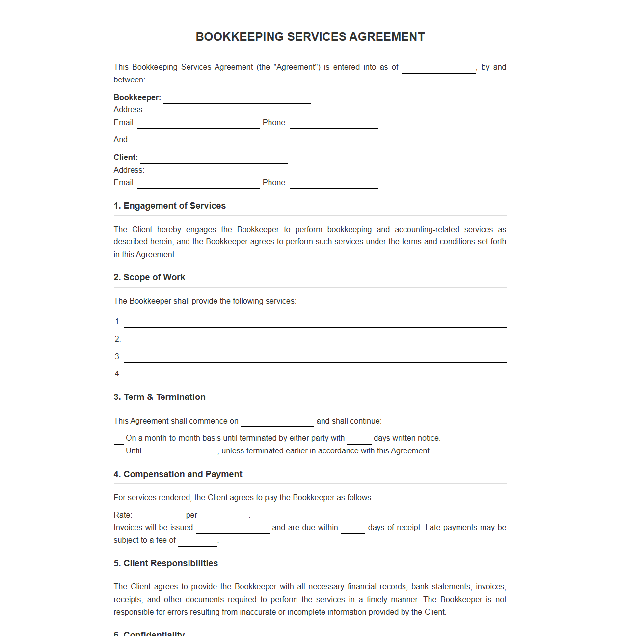 Bookkeeping Services Agreement Template
