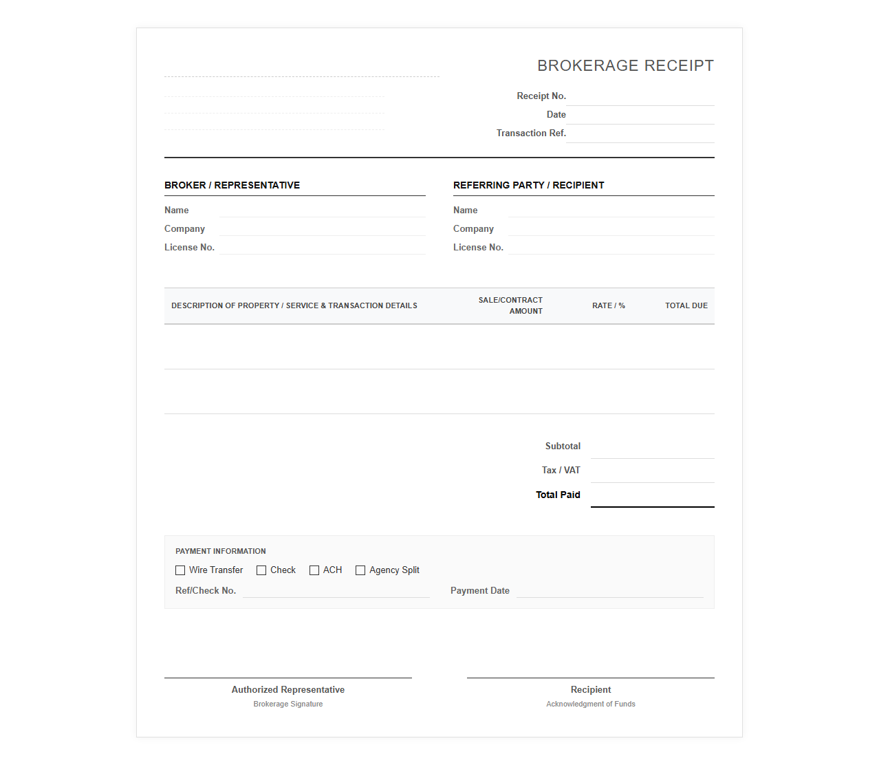 Brokerage and Referral Sales Receipt Template