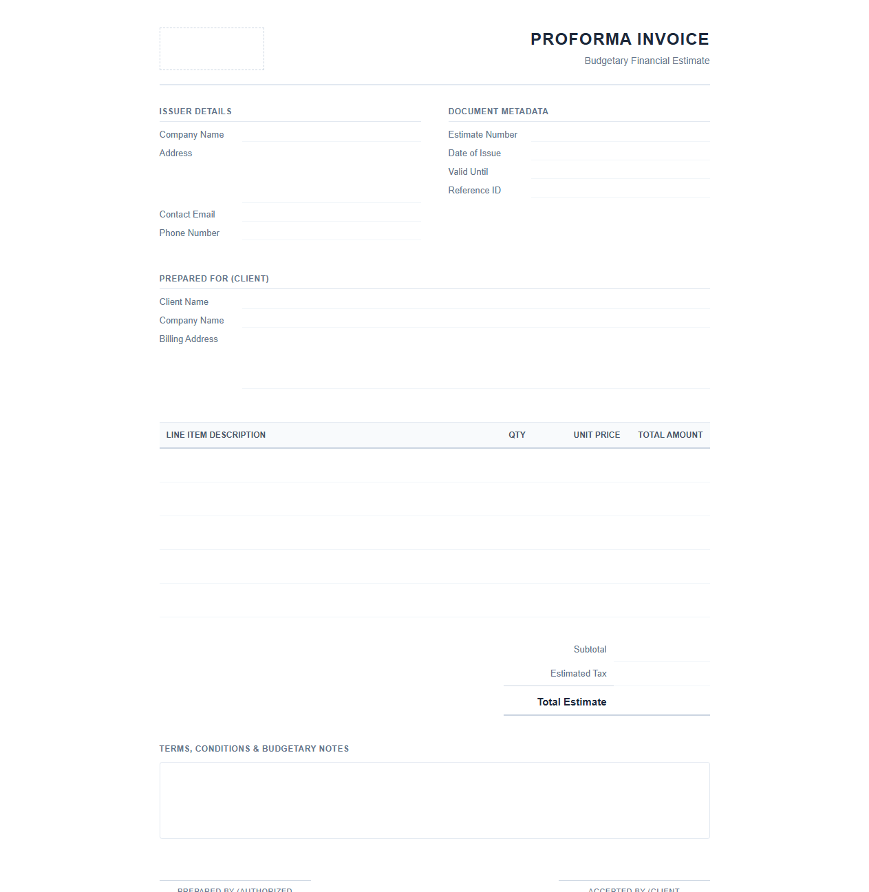 Budgetary Financial Estimate Proforma Invoice Document