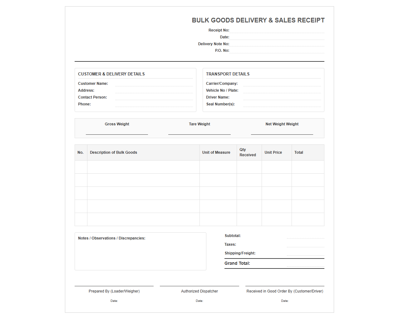 Bulk Goods Delivery and Sales Receipt