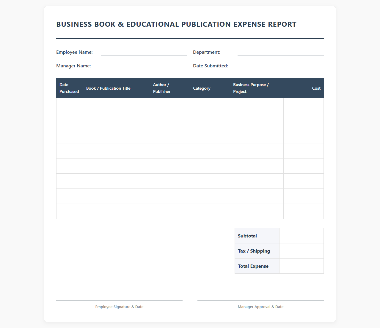 Business Book and Educational Publication Expense Template