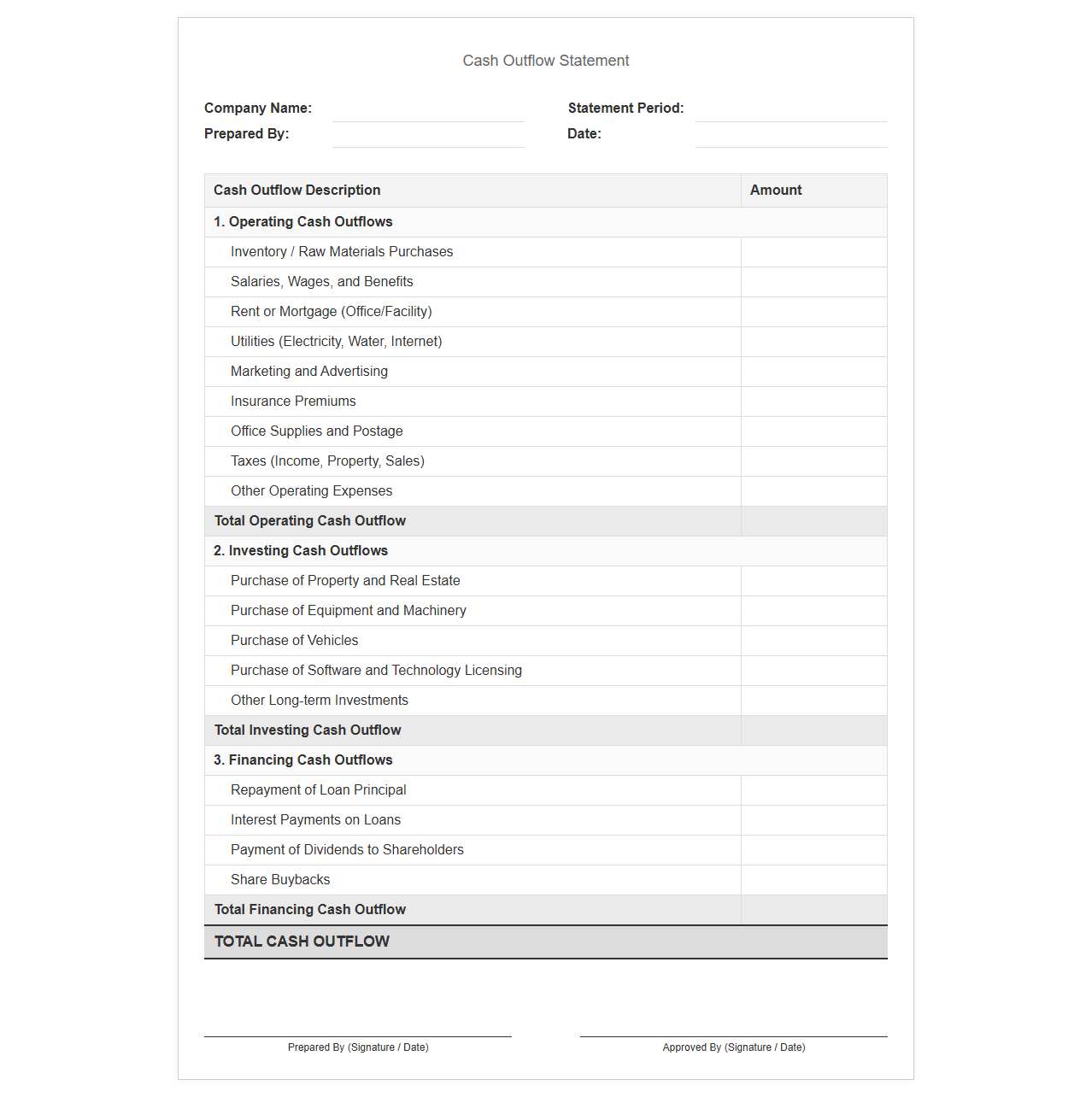 Business Cash Outflow Statement Template