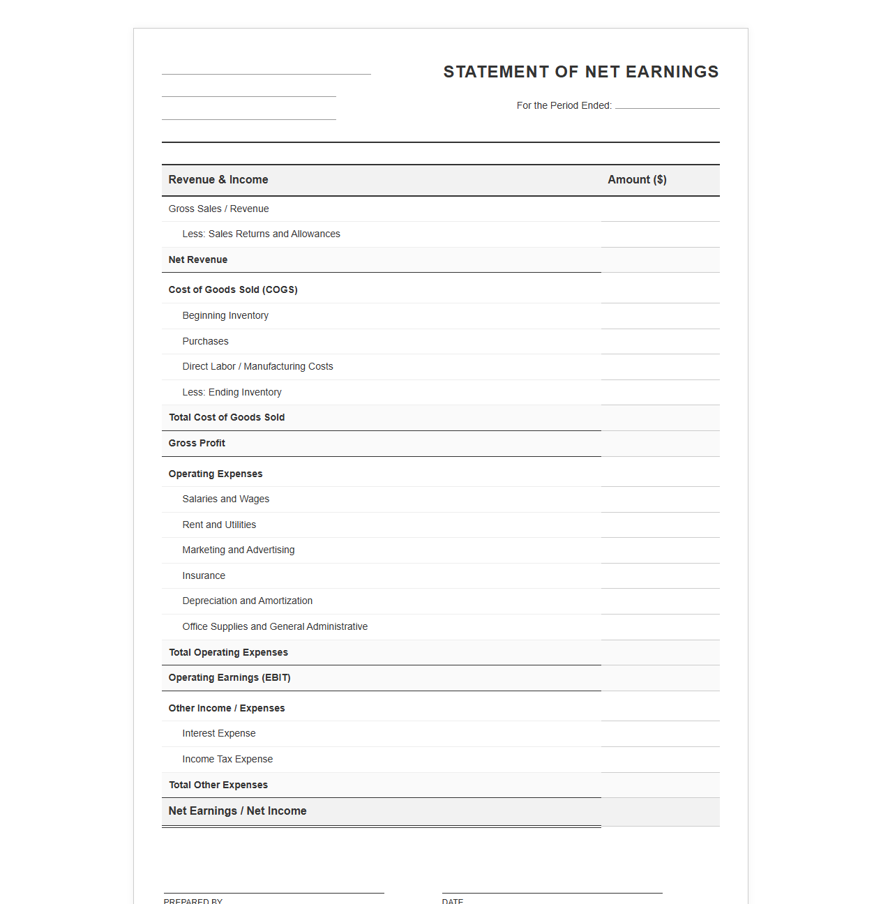 Business Net Earnings Statement Template