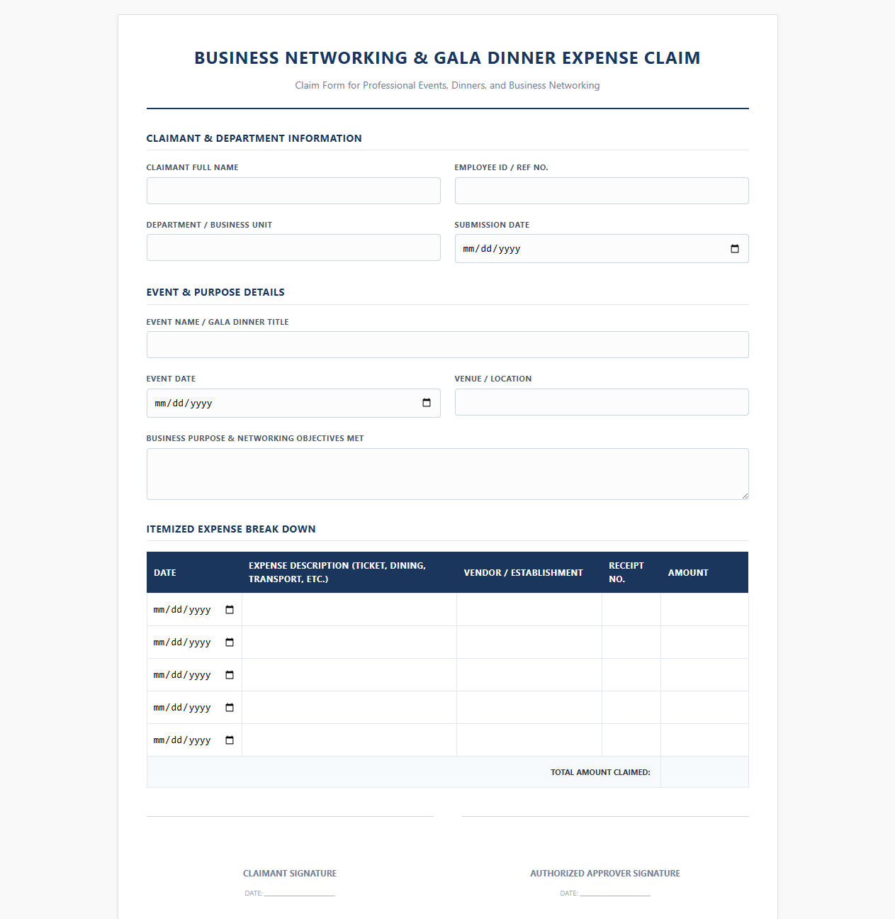 Business Networking and Gala Dinner Expense Claim Form